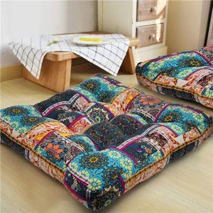 Turquoise Meditation Pillow for Floor, Square Bohemian Mandala Cotton 22x22inch